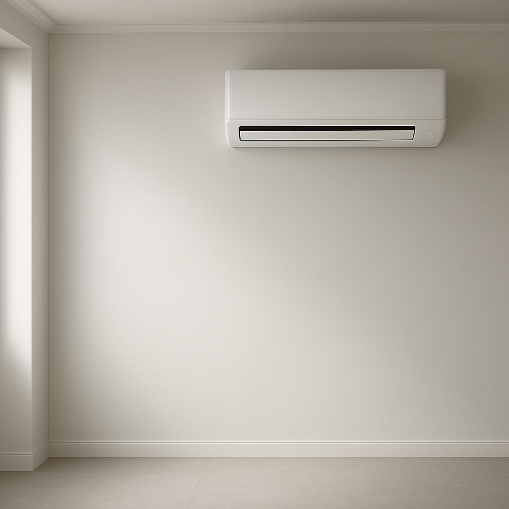 Sleek white ductless mini-split unit mounted on a clean minimalist wall