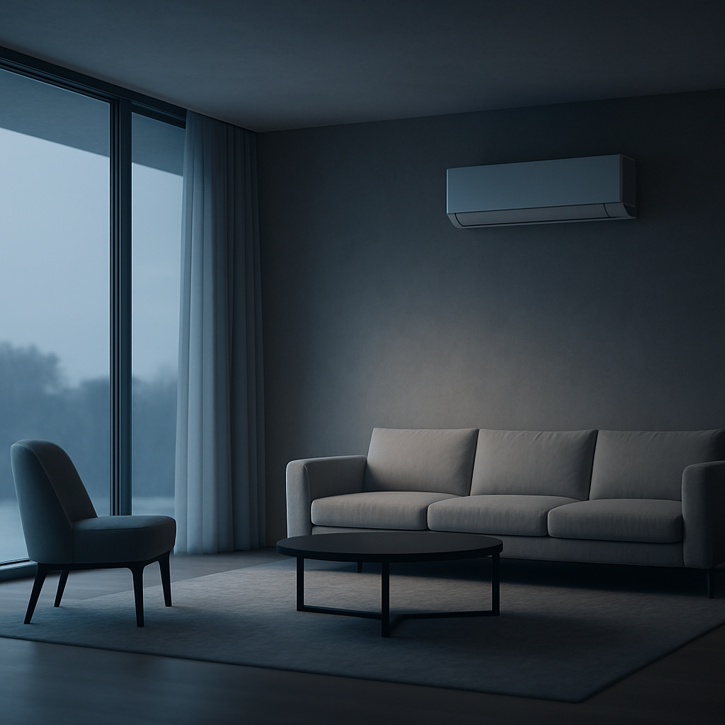 Serene modern living room interior with soft cool daylight and clean air